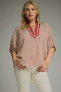 Striped split neck short dolman sleeve top