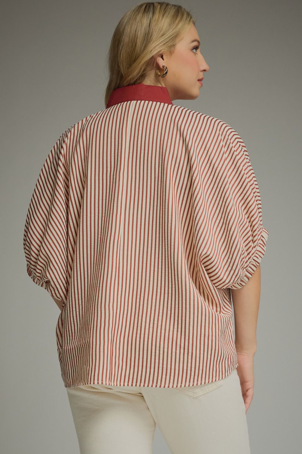 Striped split neck short dolman sleeve top