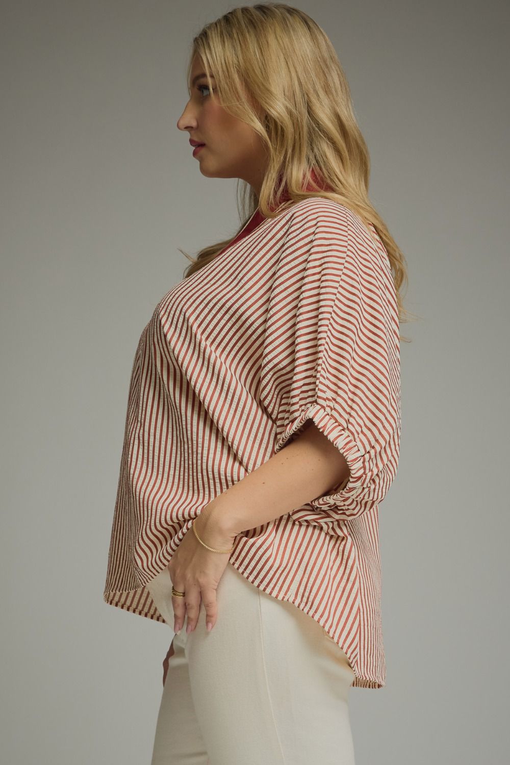 Striped split neck short dolman sleeve top