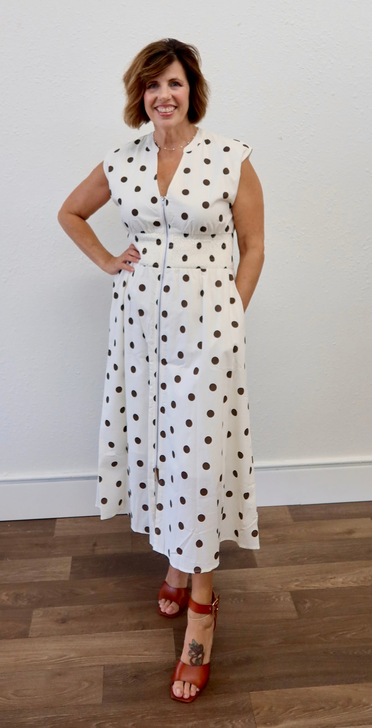 POLKA DOT ZIP MIDI DRESS