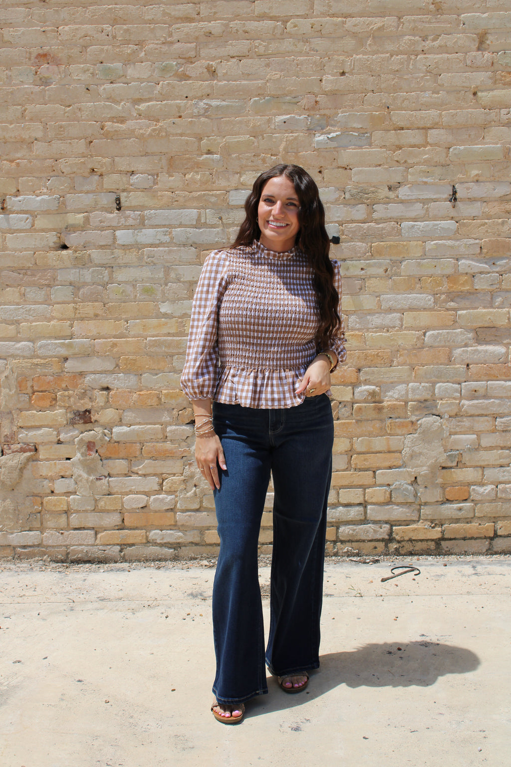 Plaid Smocked 3/4 Sleeve Blouse