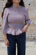 Plaid Smocked 3/4 Sleeve Blouse