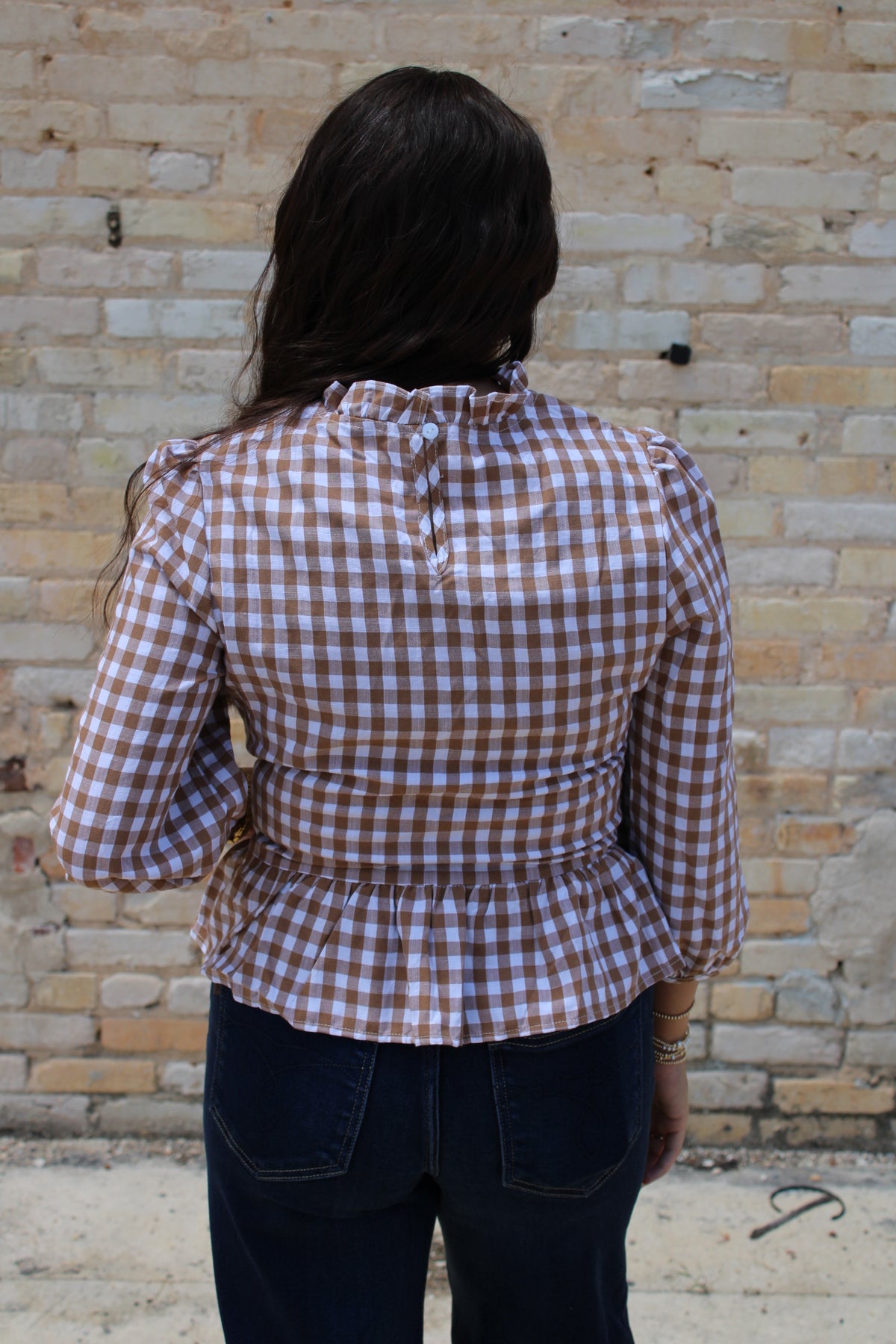 Plaid Smocked 3/4 Sleeve Blouse