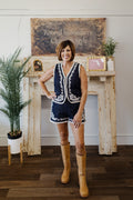 DEEP INDIGO BLUE EMBROIDERY DETAIL SHORTS