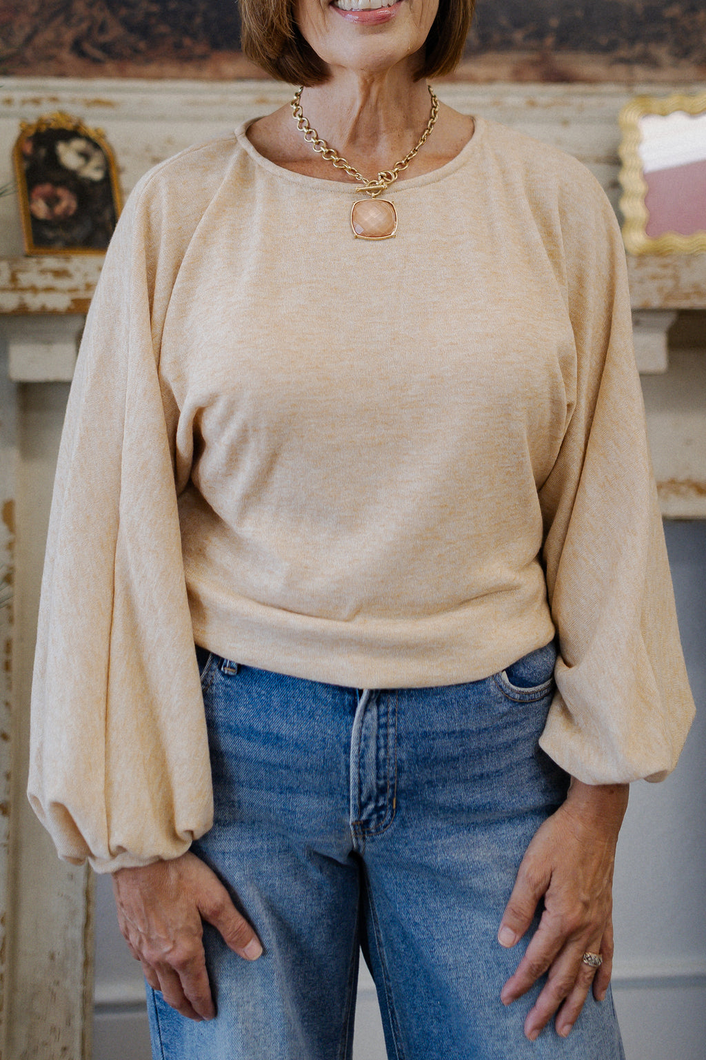 Oatmeal Cotton Long Sleeve Top