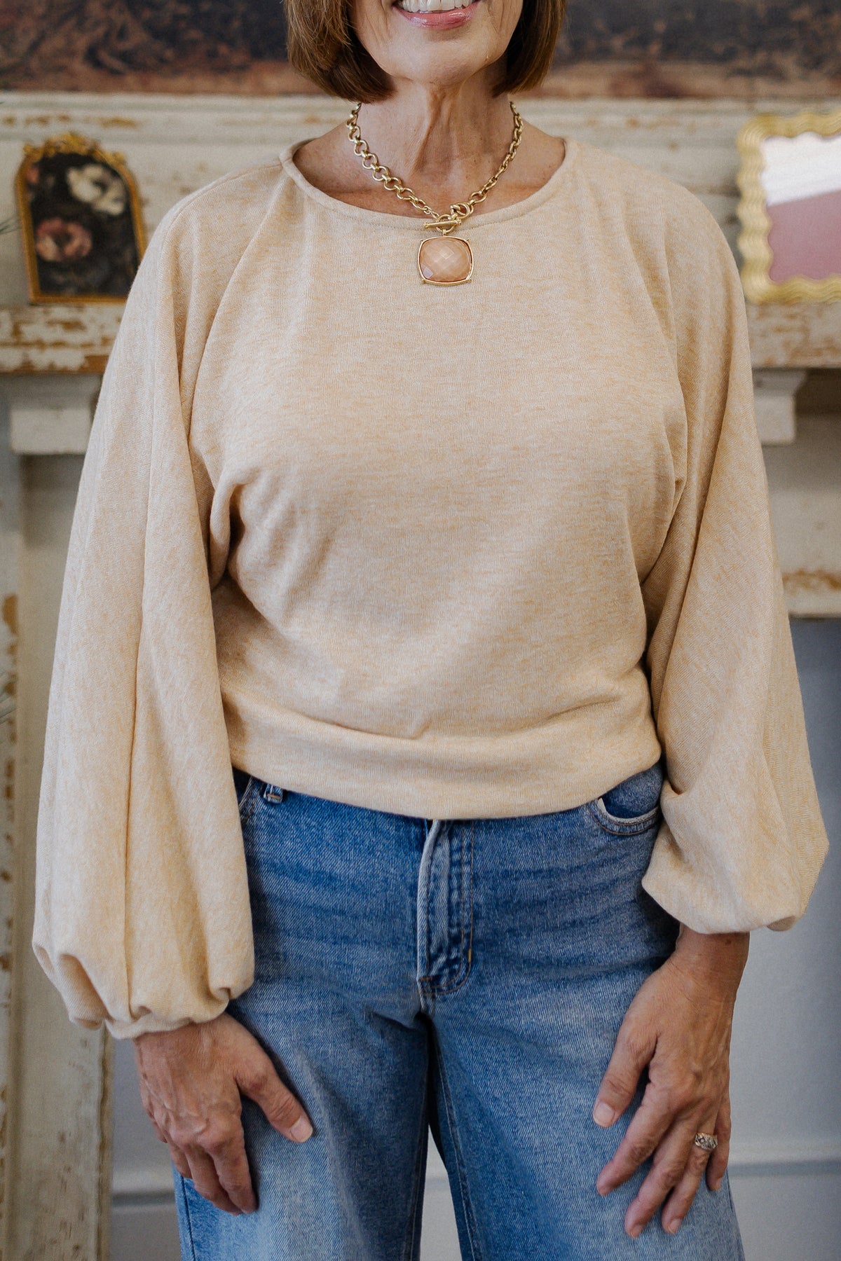 Oatmeal Cotton Long Sleeve Top