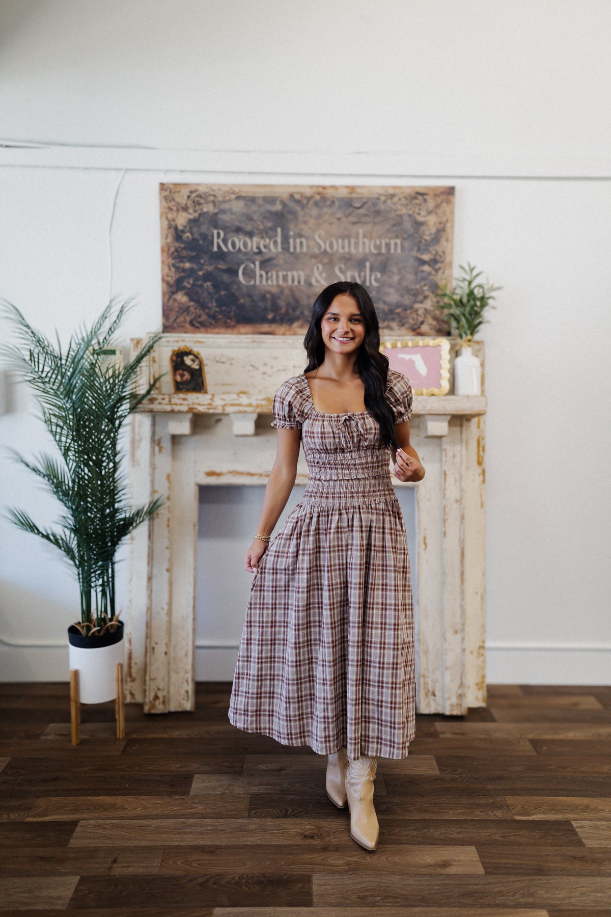 Plaid Smocked Midi Dress