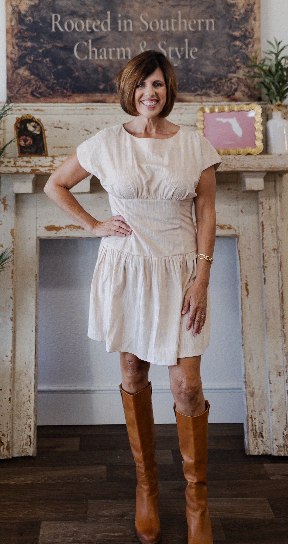 Cream Textured Flare Dress