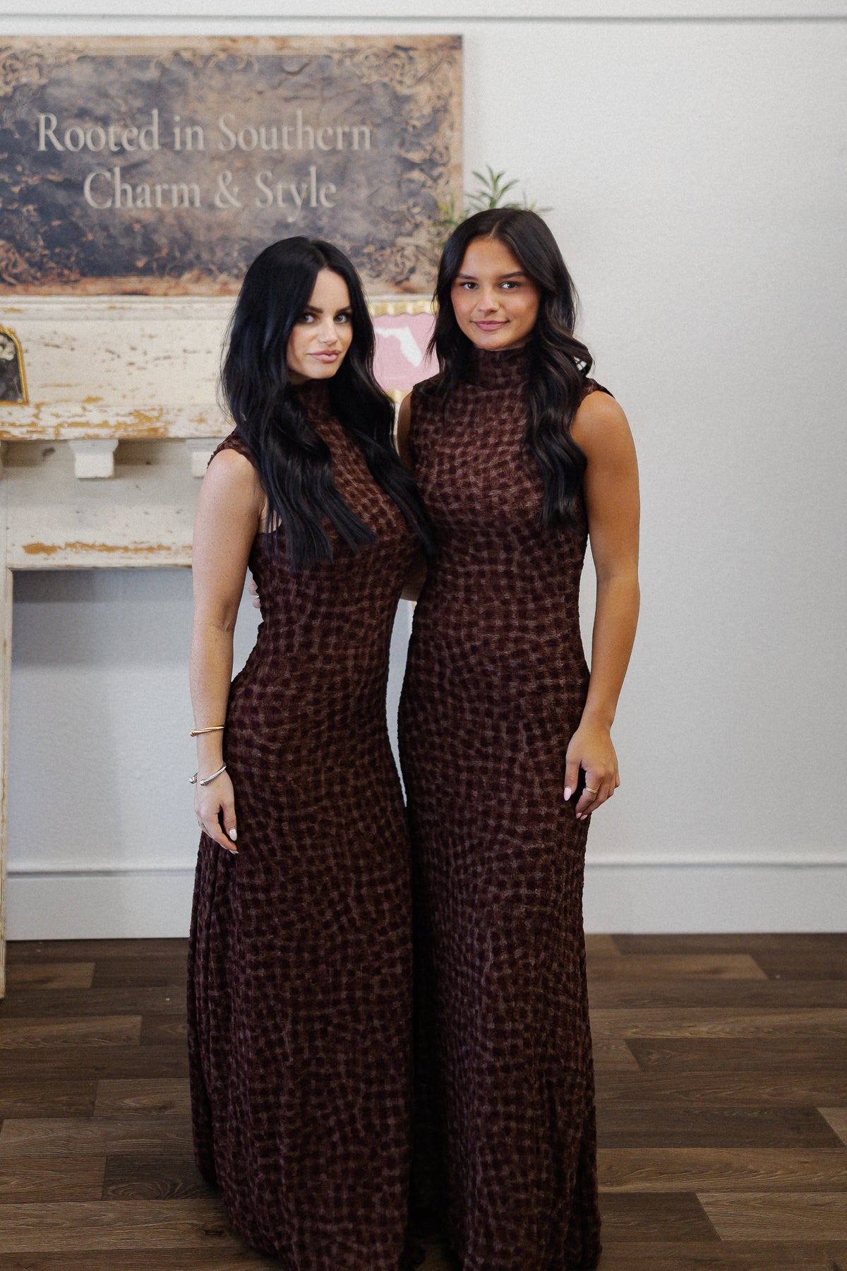 SMOCKED MAXI RUFFLE DRESS WITH MOCK NECK: ESPRESSO