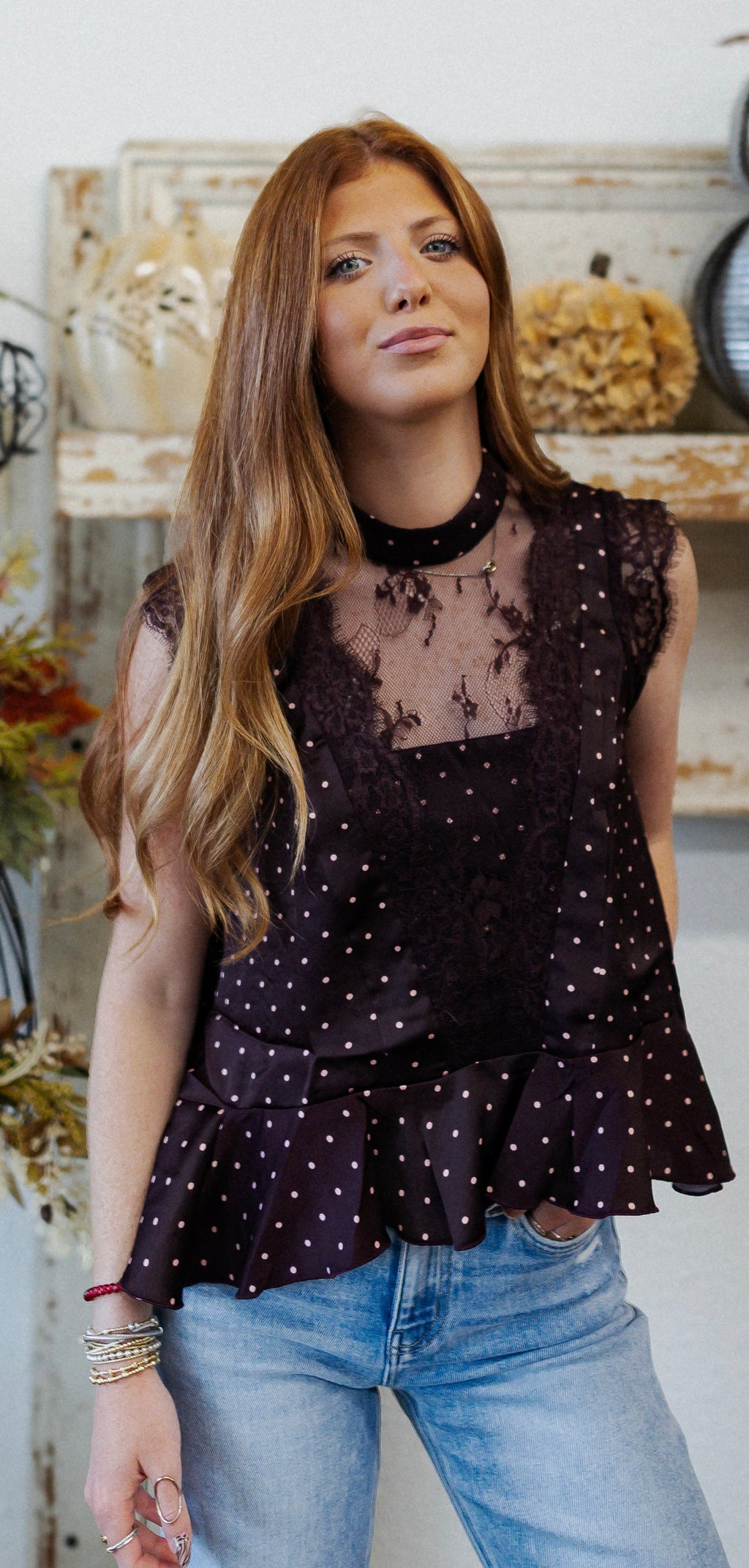 Plum Satin Polka Dot Lace Sleeveless Top