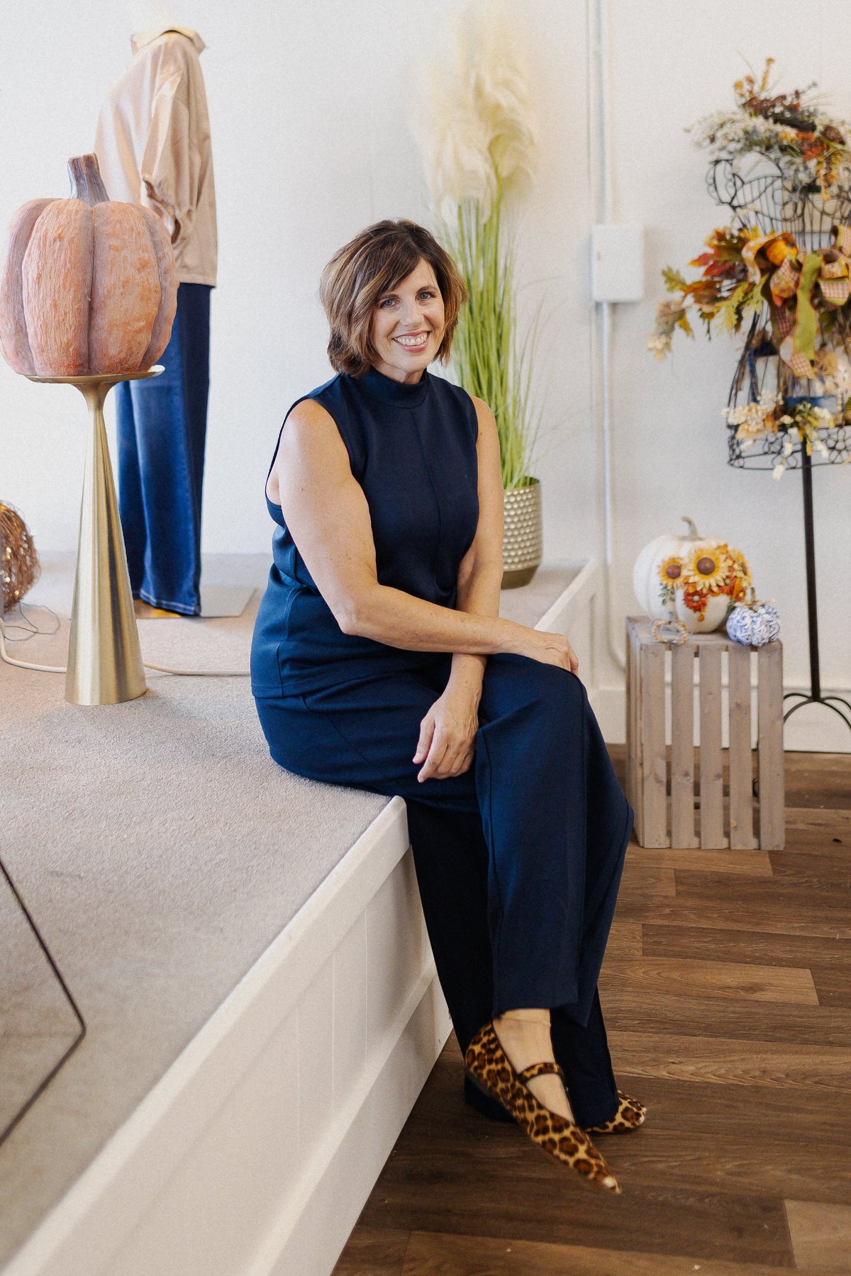 Navy Mock Neck Top with Pintuck Accent
