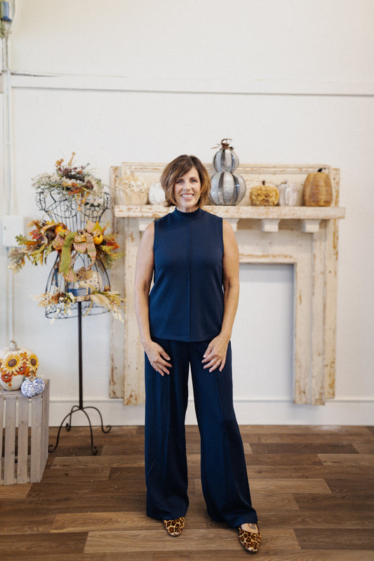 Navy Mock Neck Set with Pintuck Accent
