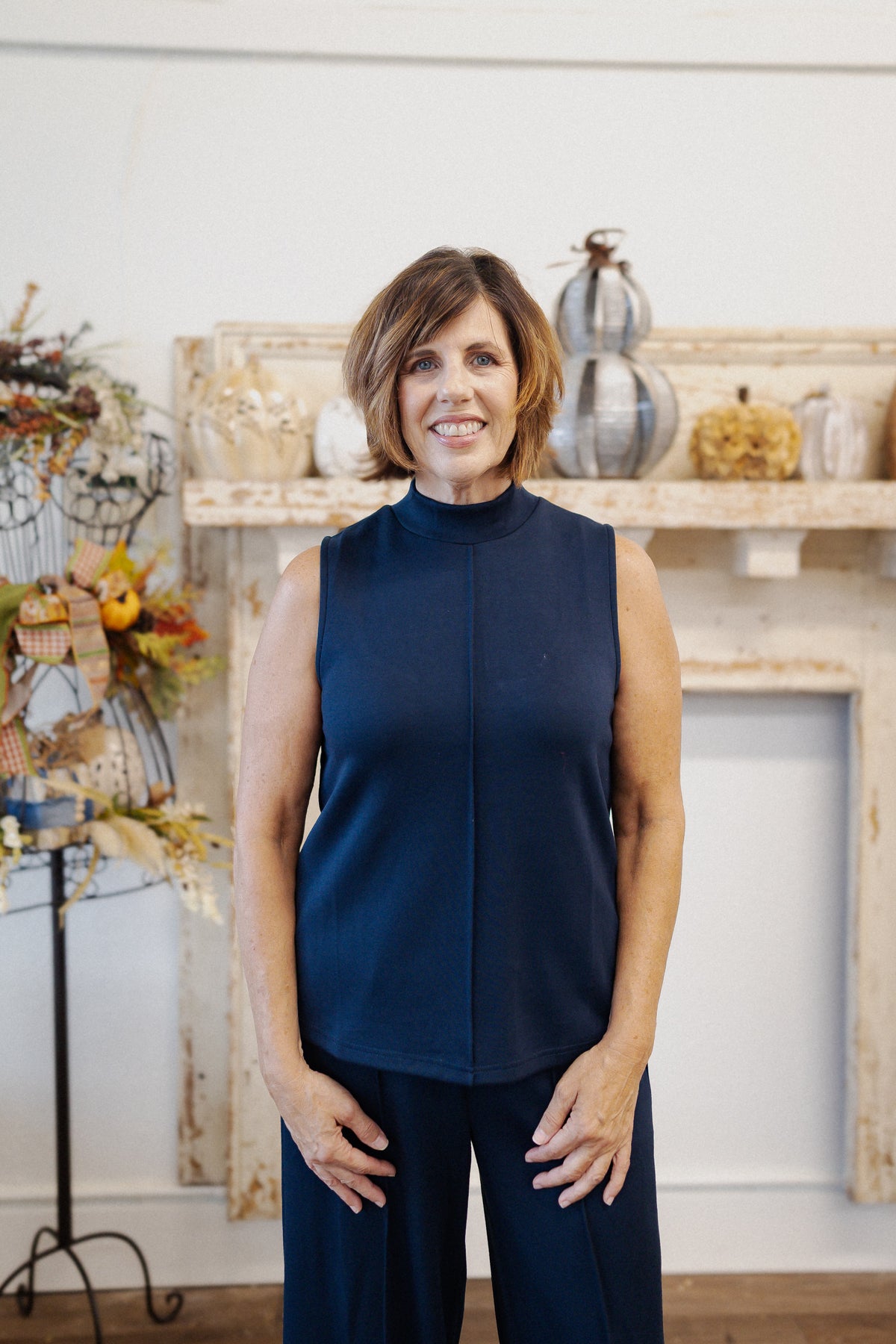 Navy Mock Neck Top with Pintuck Accent