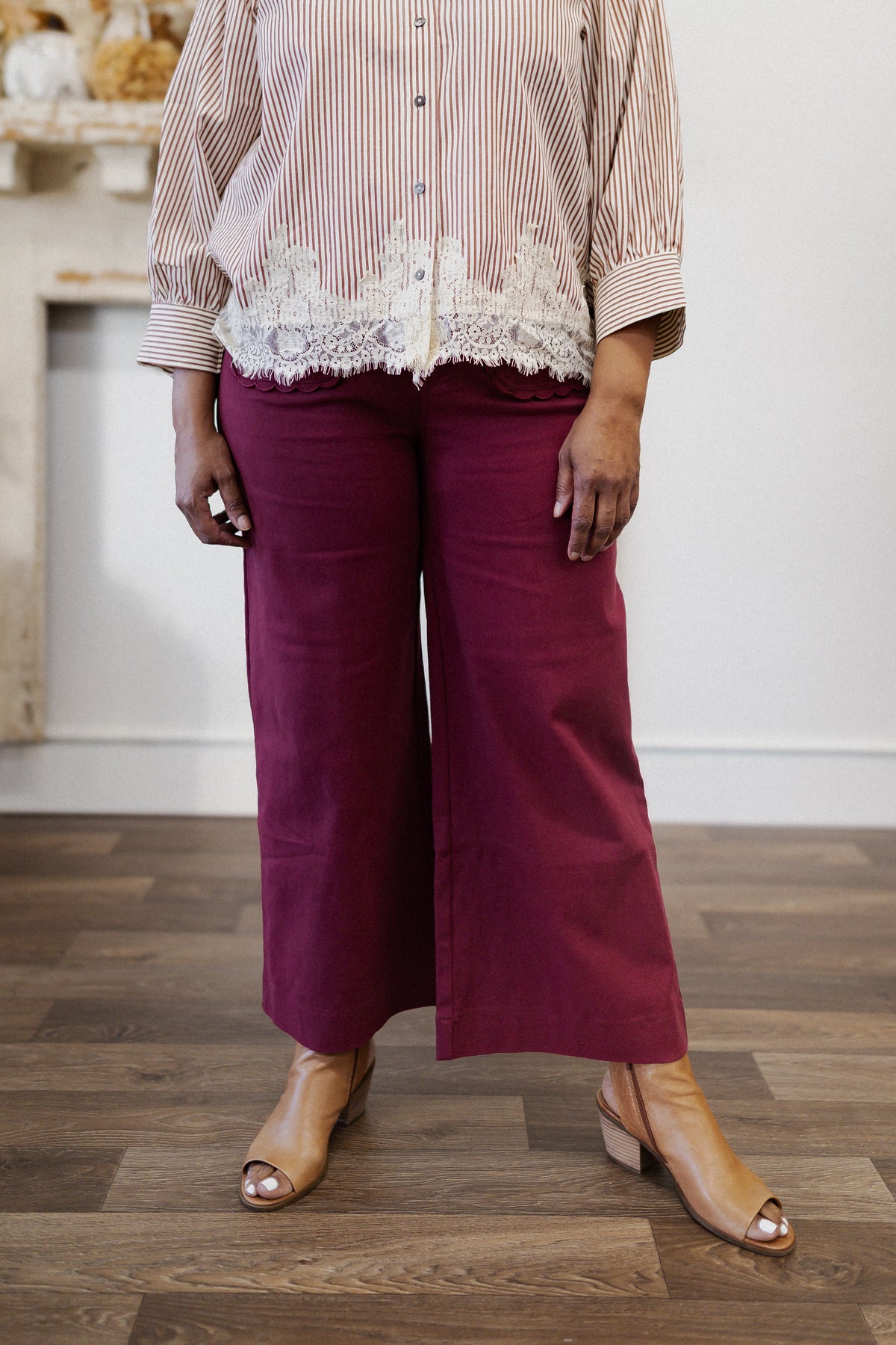 Curvy Burgundy Pants with Scallop Accent Trim Pockets