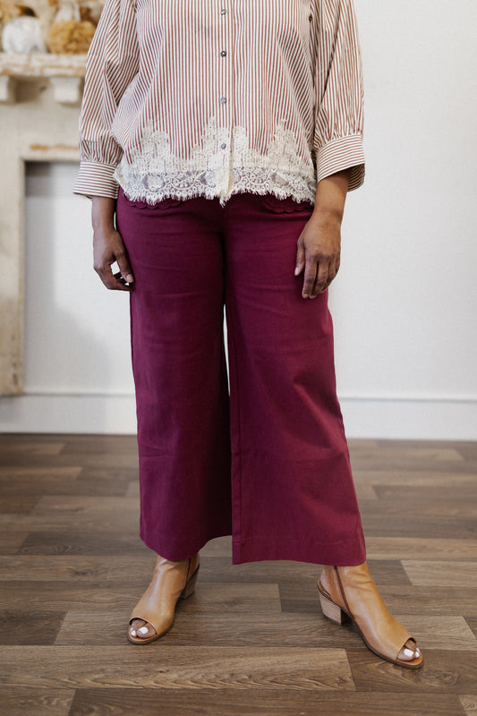 Curvy Burgundy Pants with Scallop Accent Trim Pockets