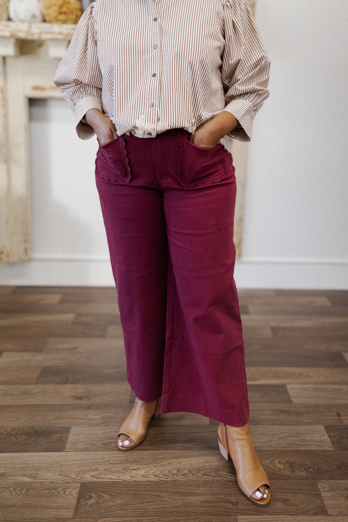 Curvy Burgundy Pants with Scallop Accent Trim Pockets