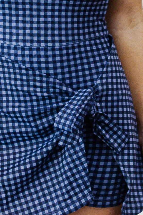 Dusty Blue Navy Gingham Athletic Wrap Dress