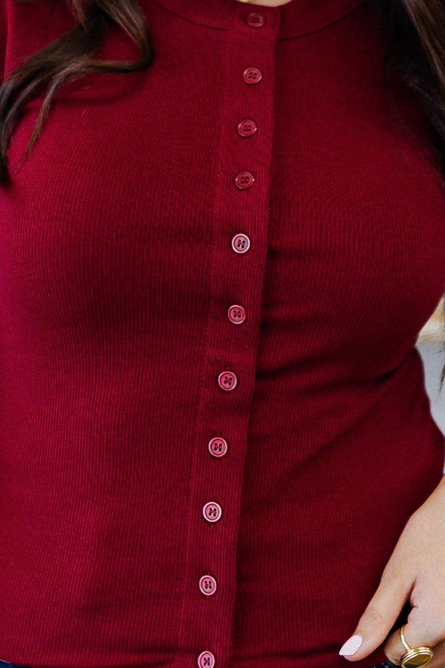 Leslie Sculpt Button-Front Knit Top: Burgundy