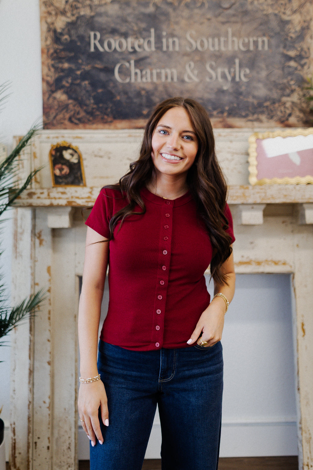 Leslie Sculpt Button-Front Knit Top: Burgundy