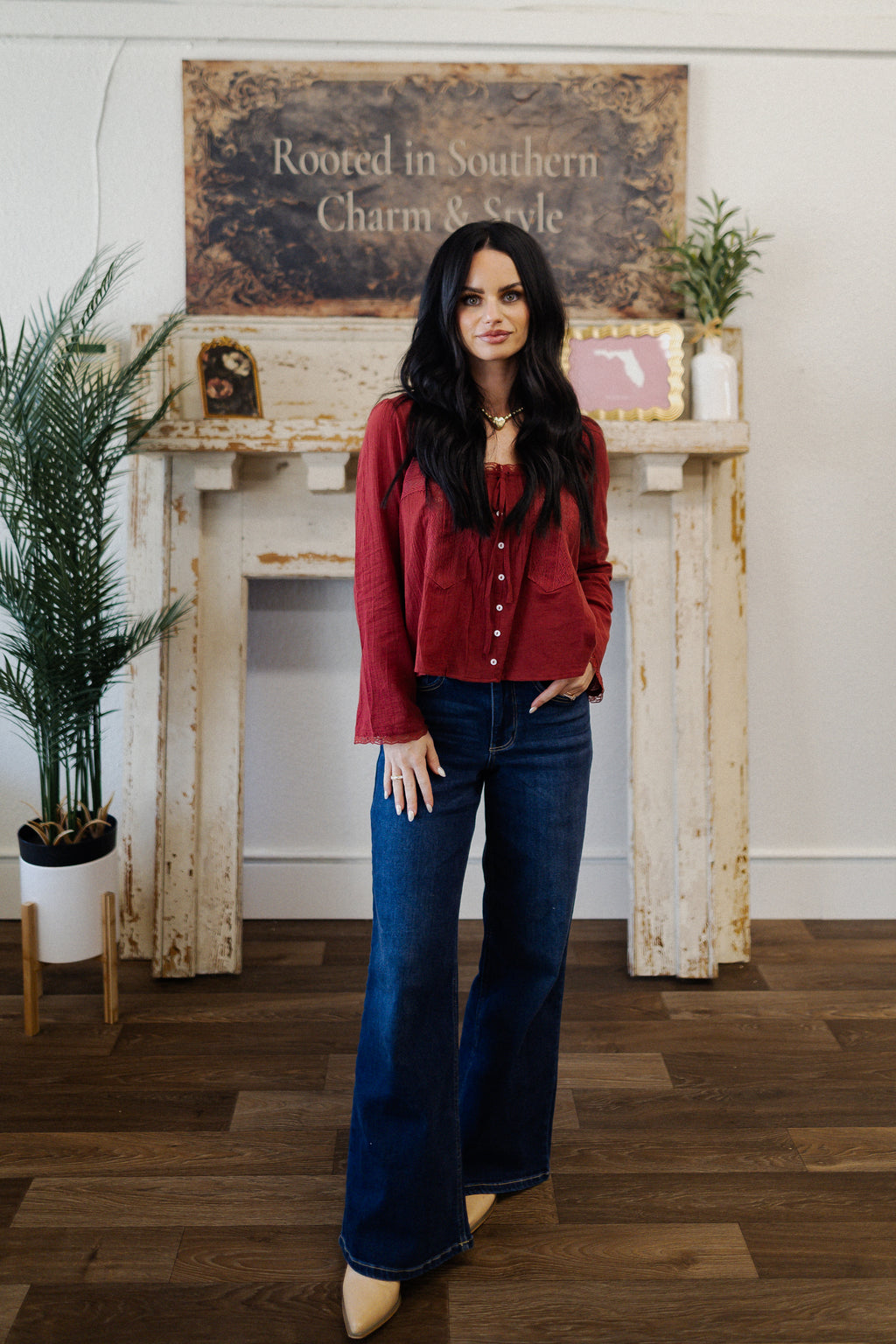 Brick Red Scoop Neck Frnot Tie Lace Top