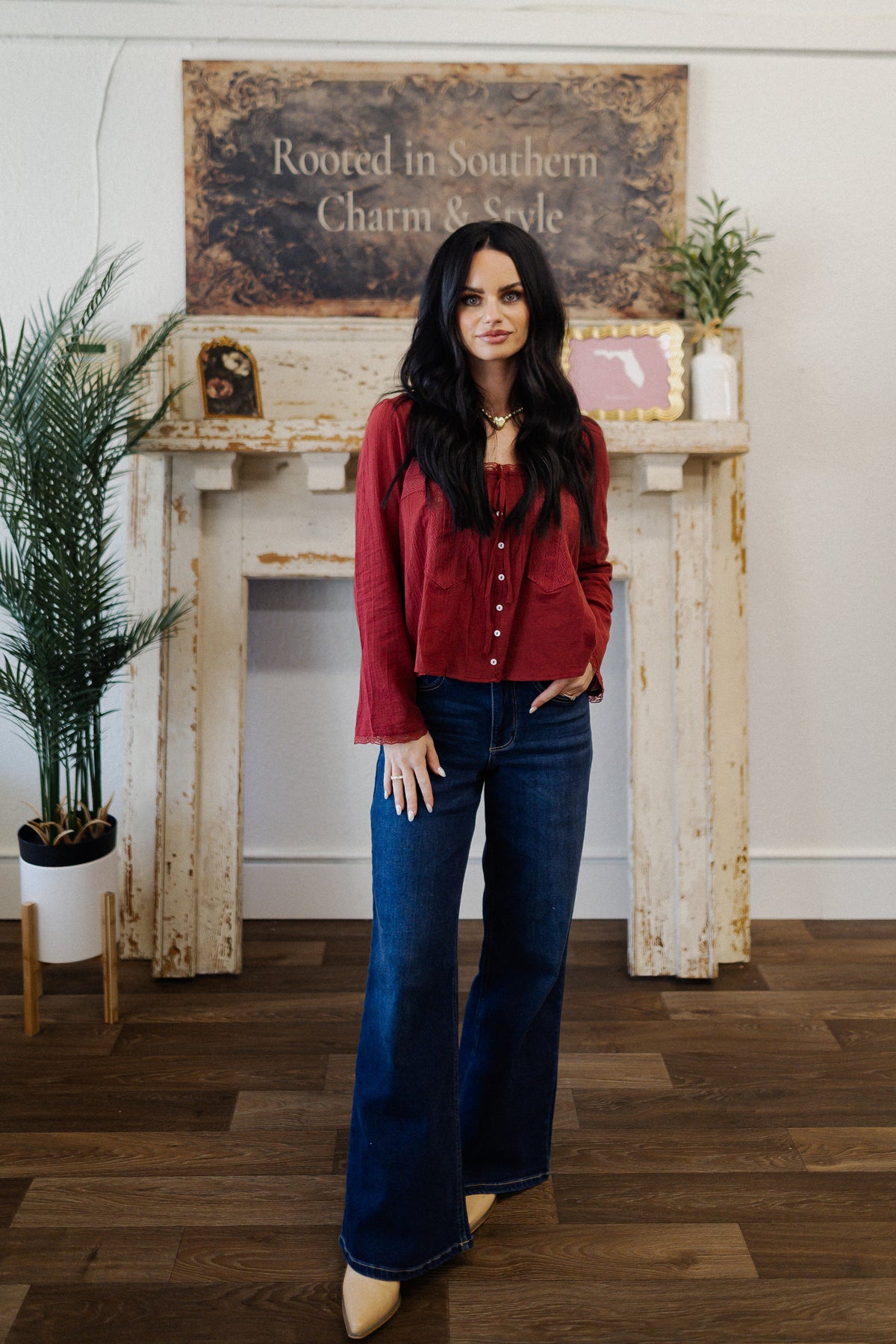 Brick Red Scoop Neck Frnot Tie Lace Top
