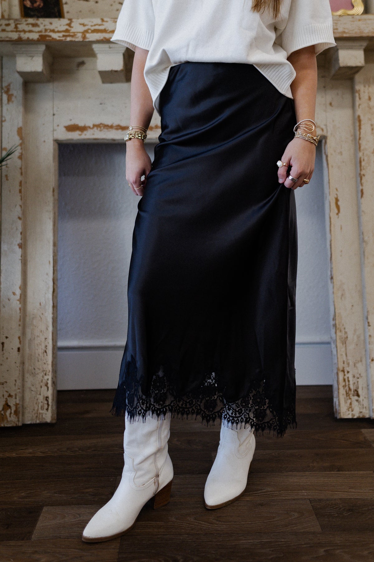 Black Satin Maxi Skirt with Lace Trim