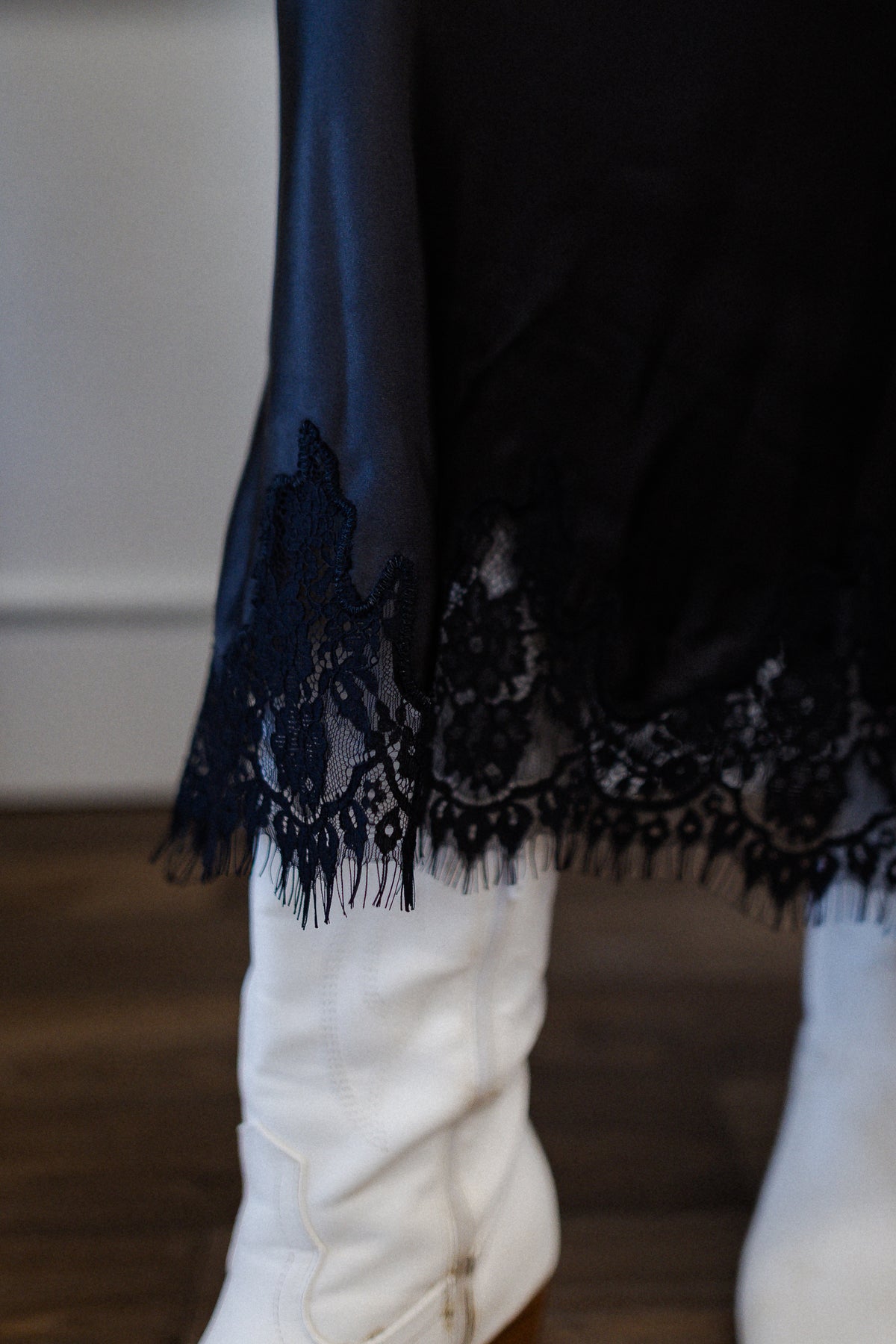 Black Satin Maxi Skirt with Lace Trim