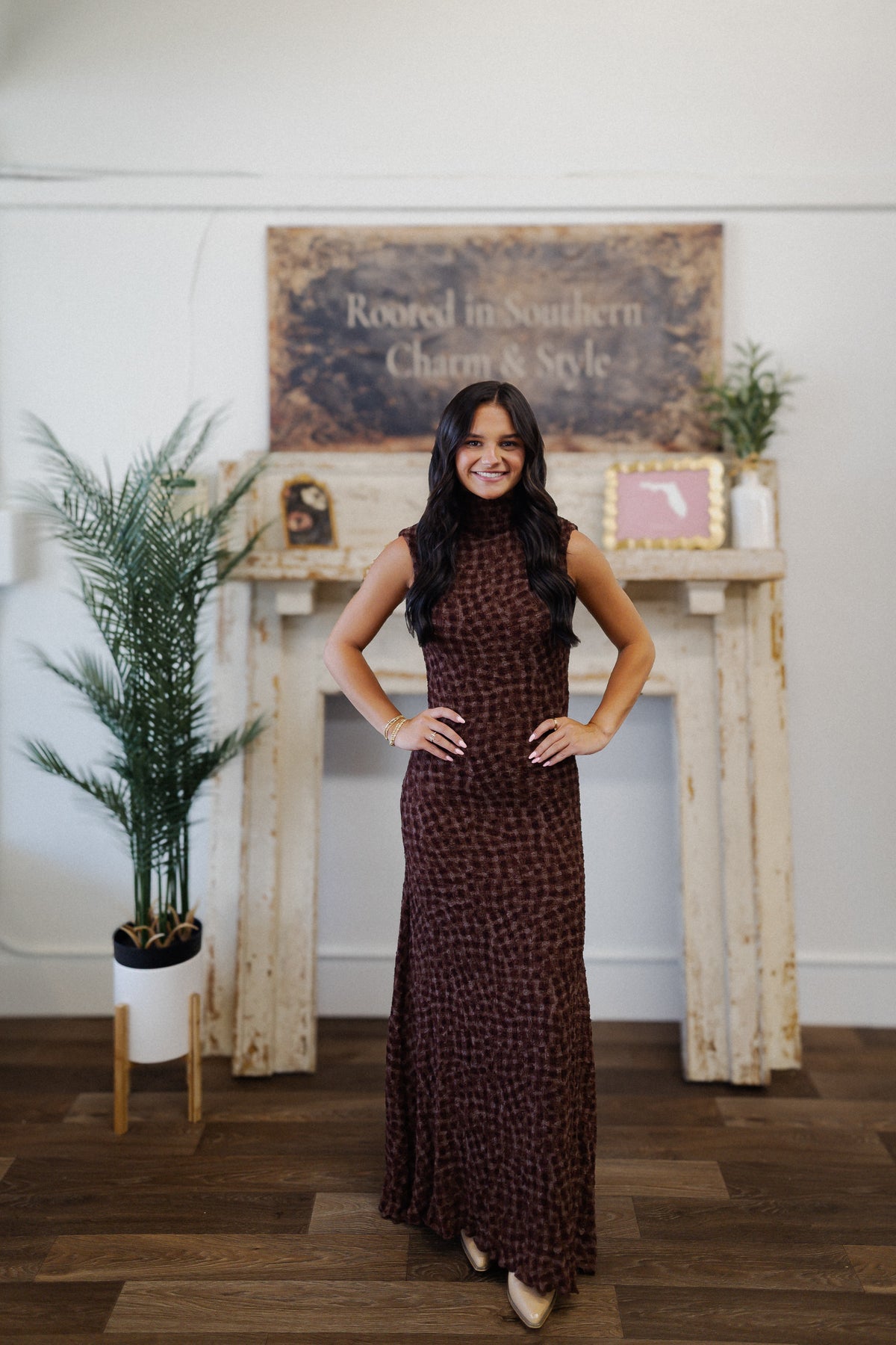 SMOCKED MAXI RUFFLE DRESS WITH MOCK NECK: ESPRESSO