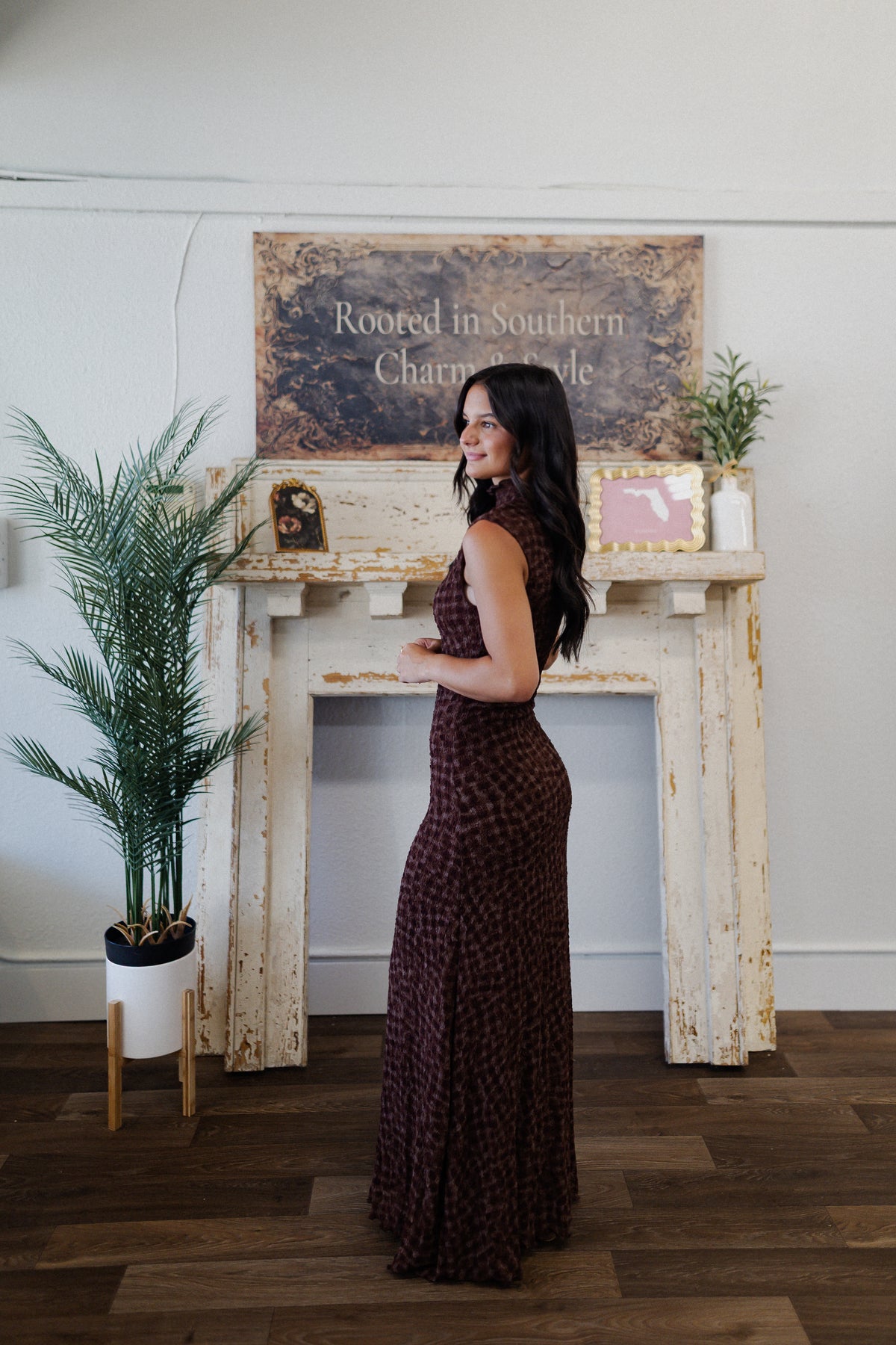 SMOCKED MAXI RUFFLE DRESS WITH MOCK NECK: ESPRESSO