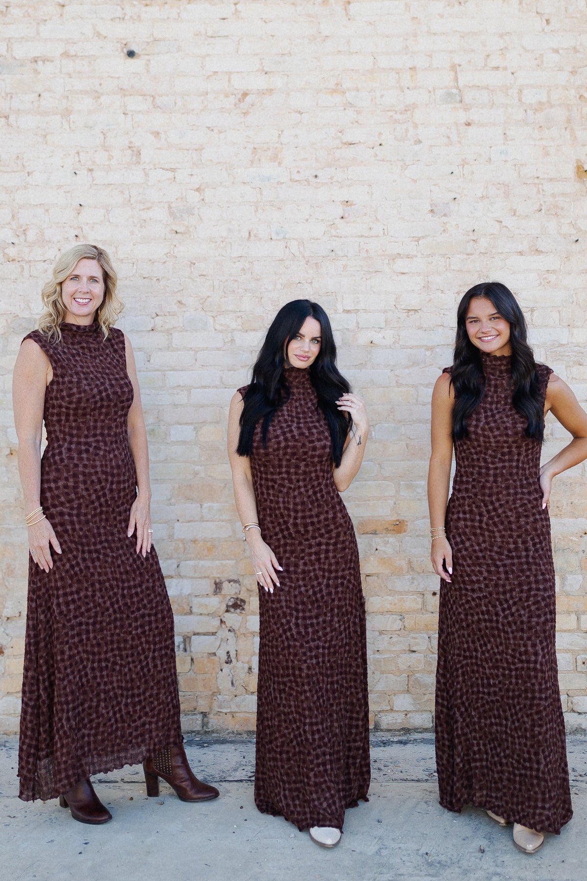 SMOCKED MAXI RUFFLE DRESS WITH MOCK NECK: ESPRESSO