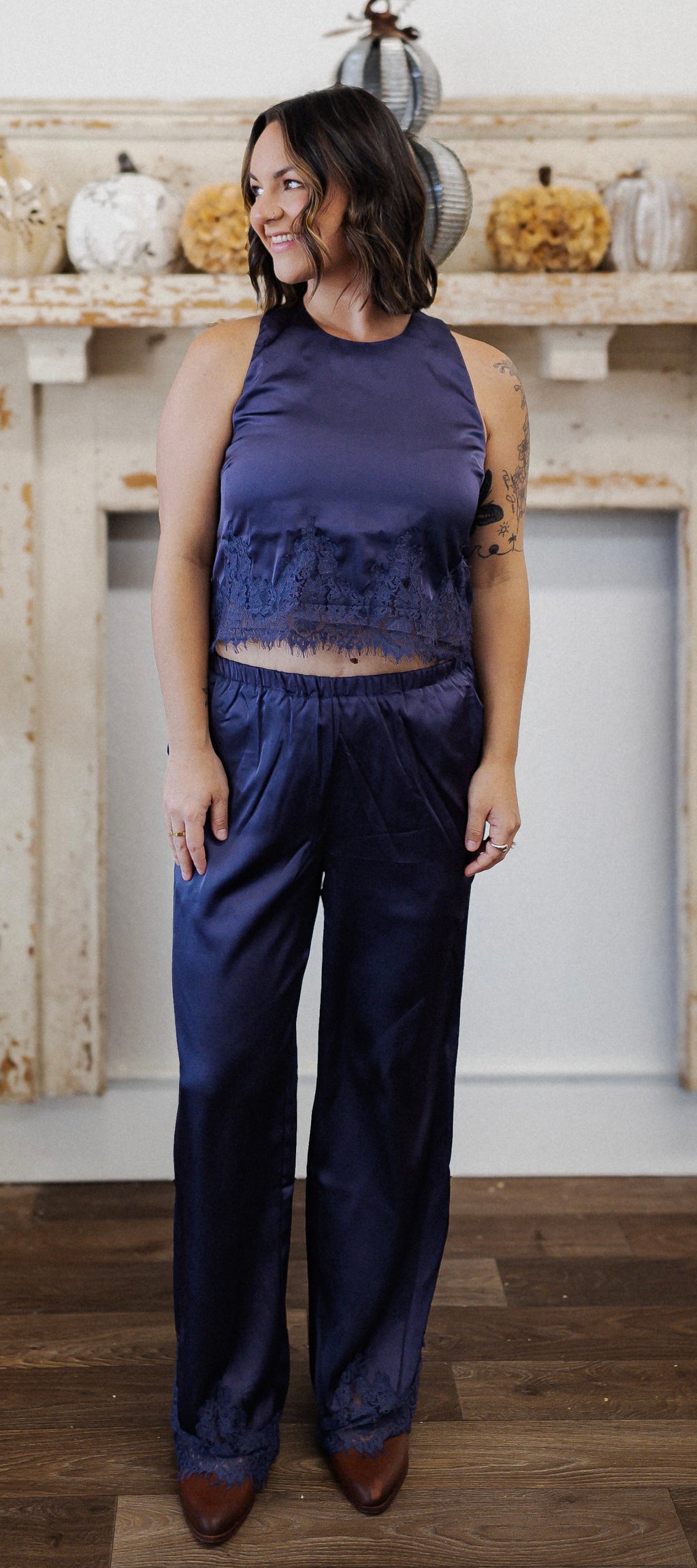LACE TRIM WIDE LEG PANTS: DUSTY BLUE