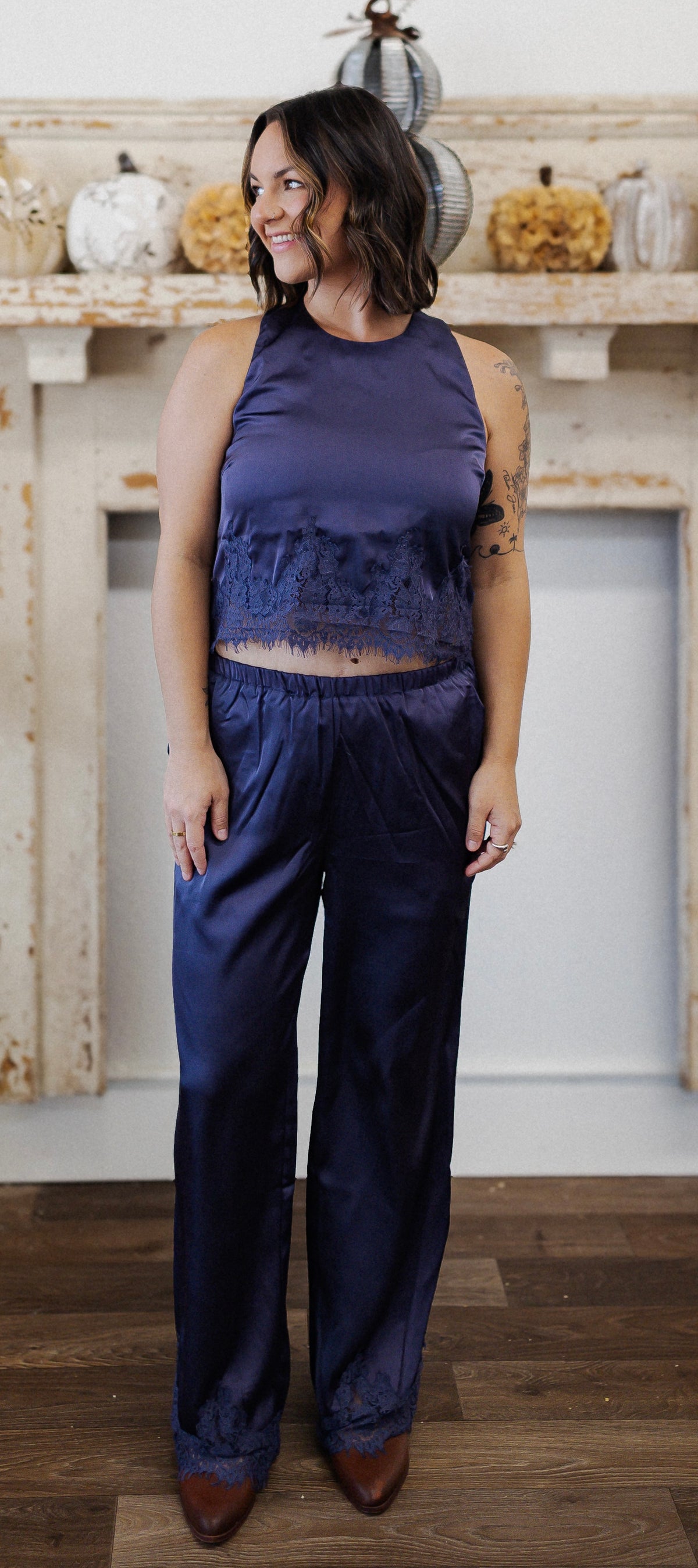 LACE TRIM WIDE LEG PANTS: DUSTY BLUE