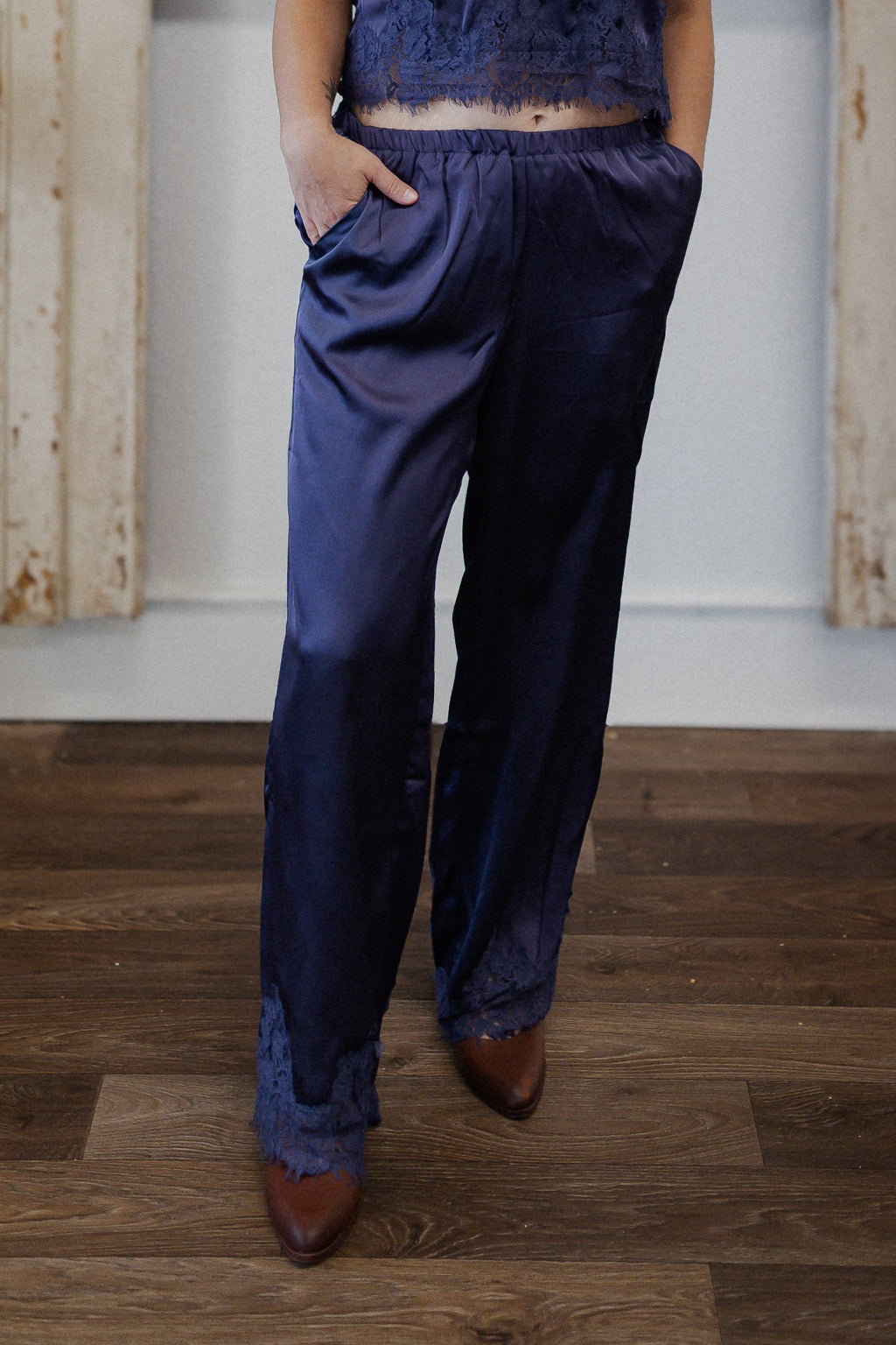 LACE TRIM WIDE LEG PANTS: DUSTY BLUE