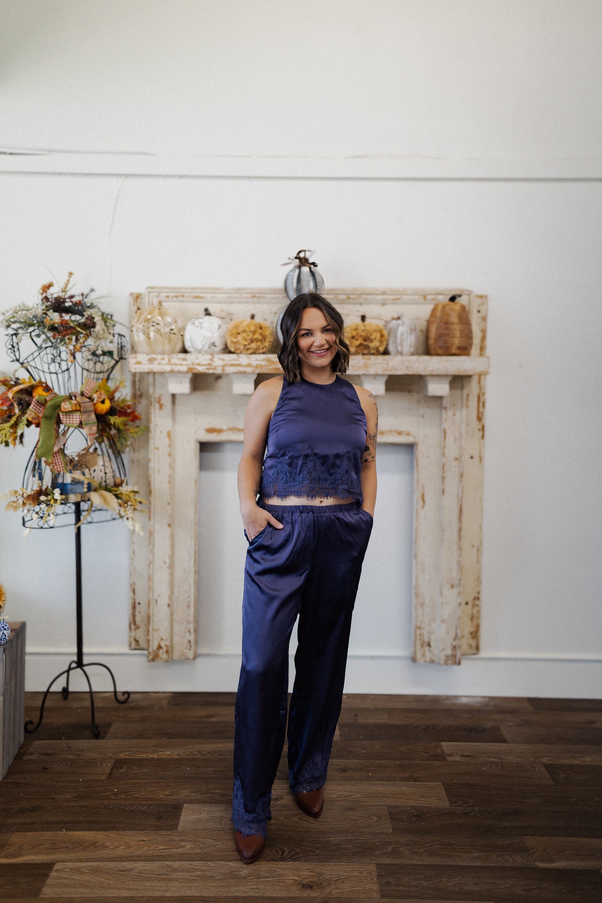 LACE TRIM WIDE LEG PANTS: DUSTY BLUE