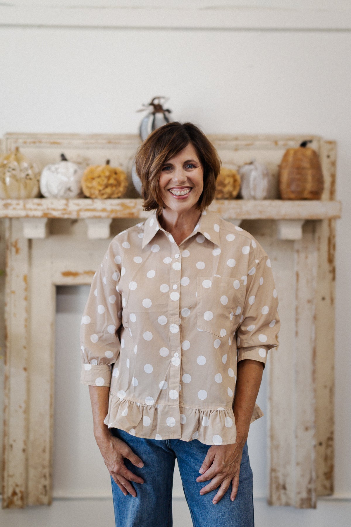 Polka Dot Ruffle Hem Button Up Casual Shirt