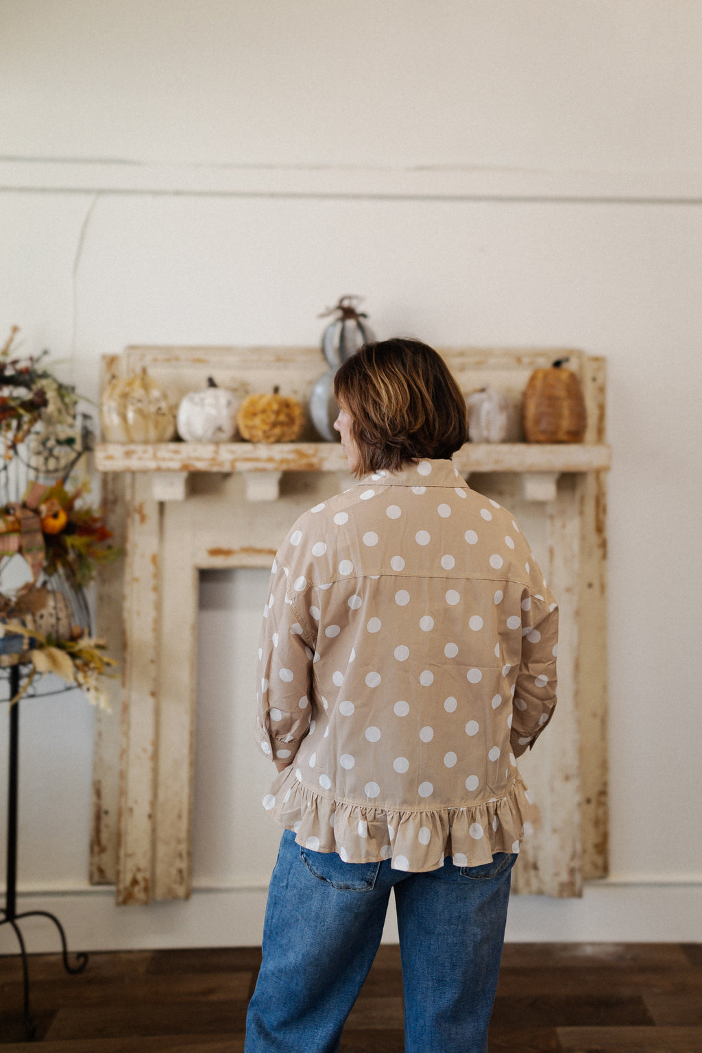 Polka Dot Ruffle Hem Button Up Casual Shirt