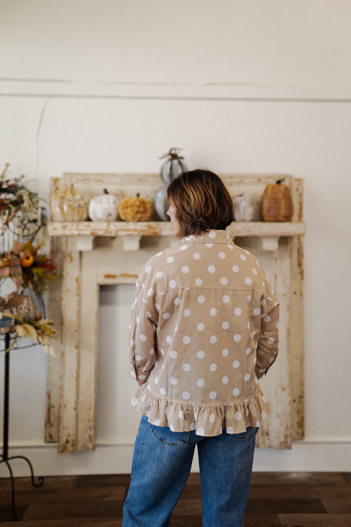 Polka Dot Ruffle Hem Button Up Casual Shirt