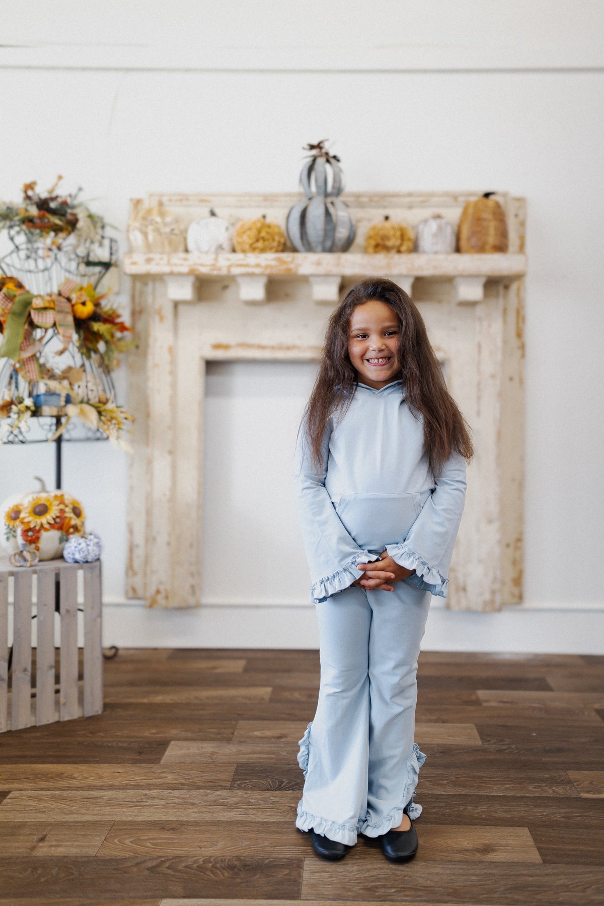 Kids Blue Gray Hooded Ruffle Set
