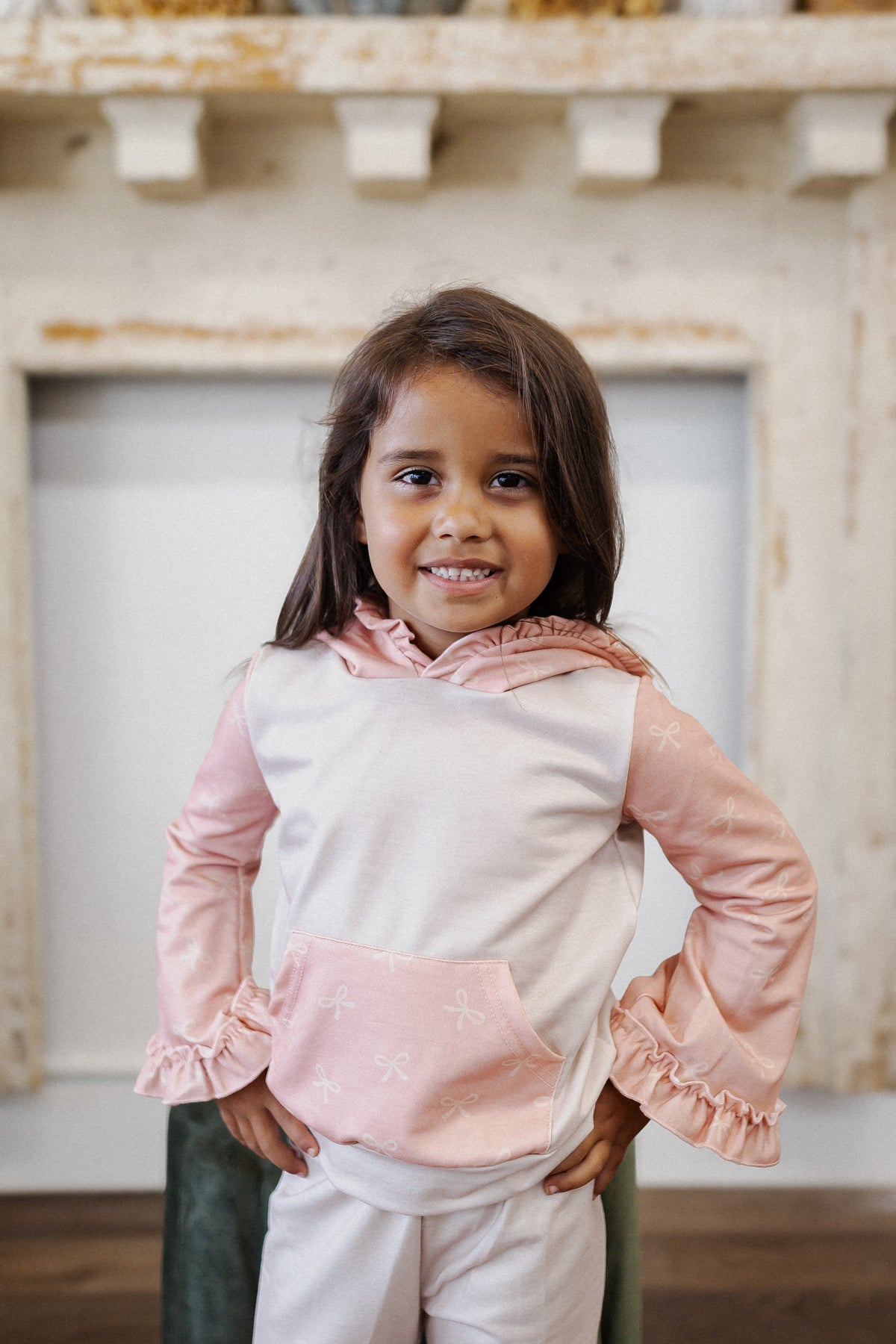 Kids Pink Bow Hooded Ruffle Set