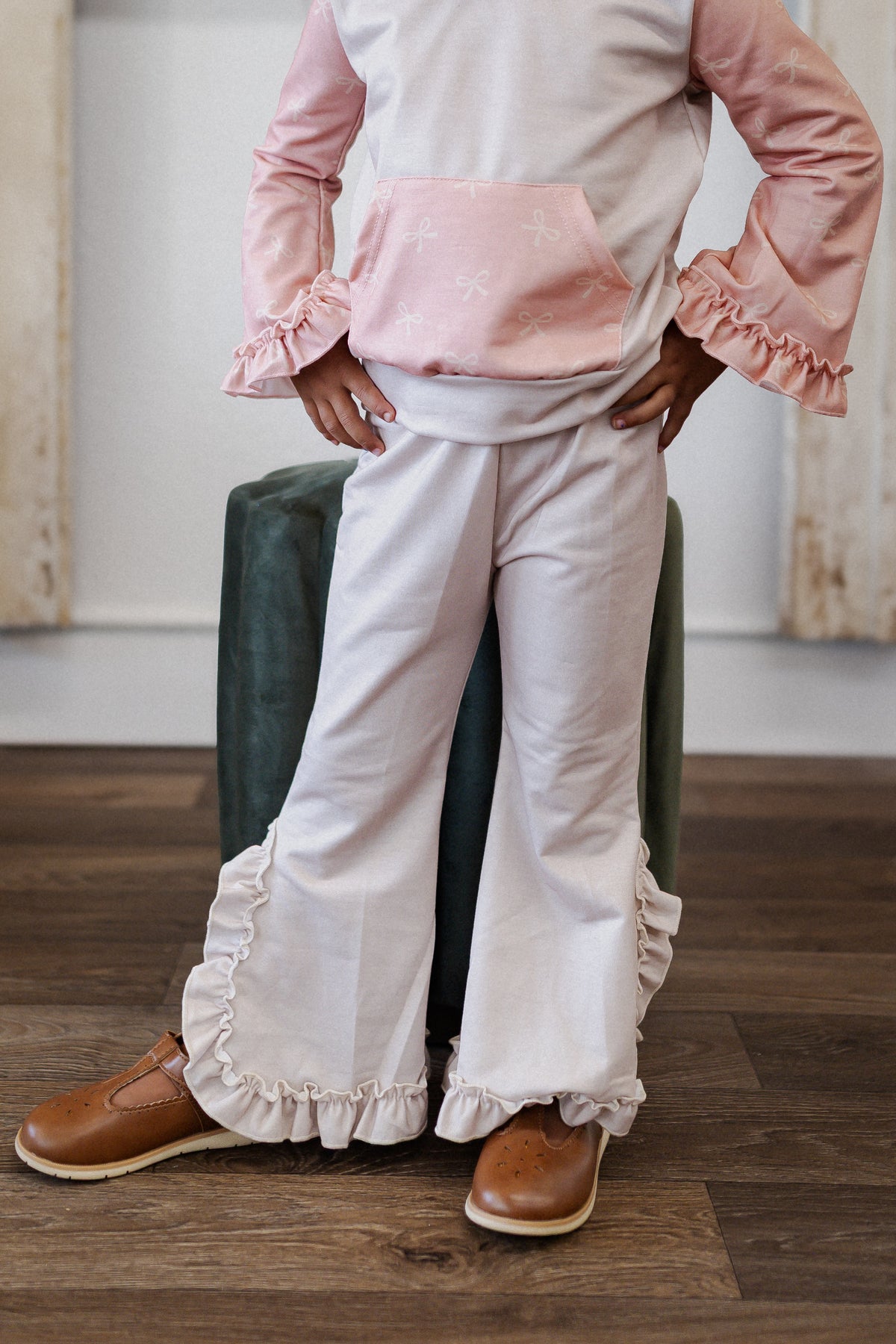 Kids Pink Bow Hooded Ruffle Set