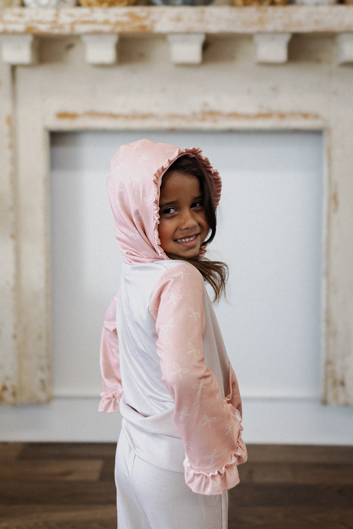 Kids Pink Bow Hooded Ruffle Set