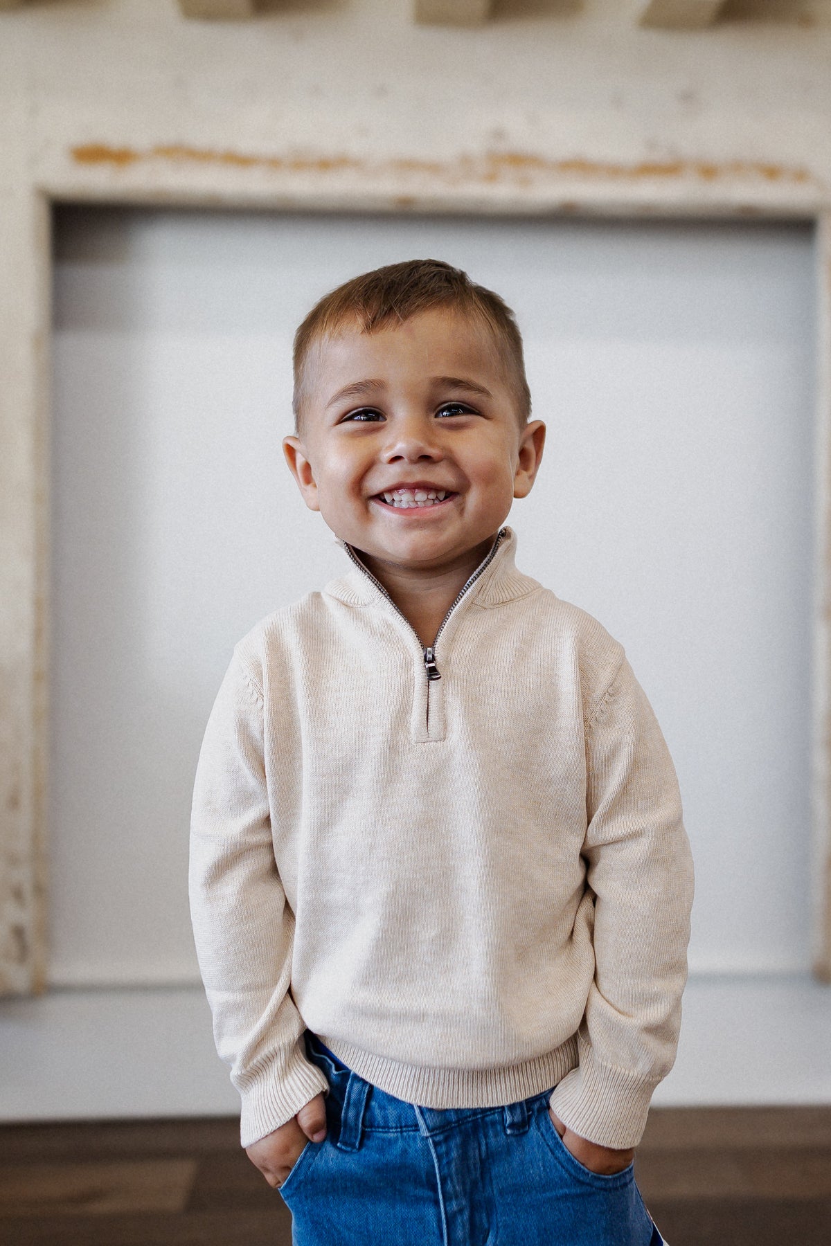 Boys Heather Oatmeal Quarter-Zip Sweater