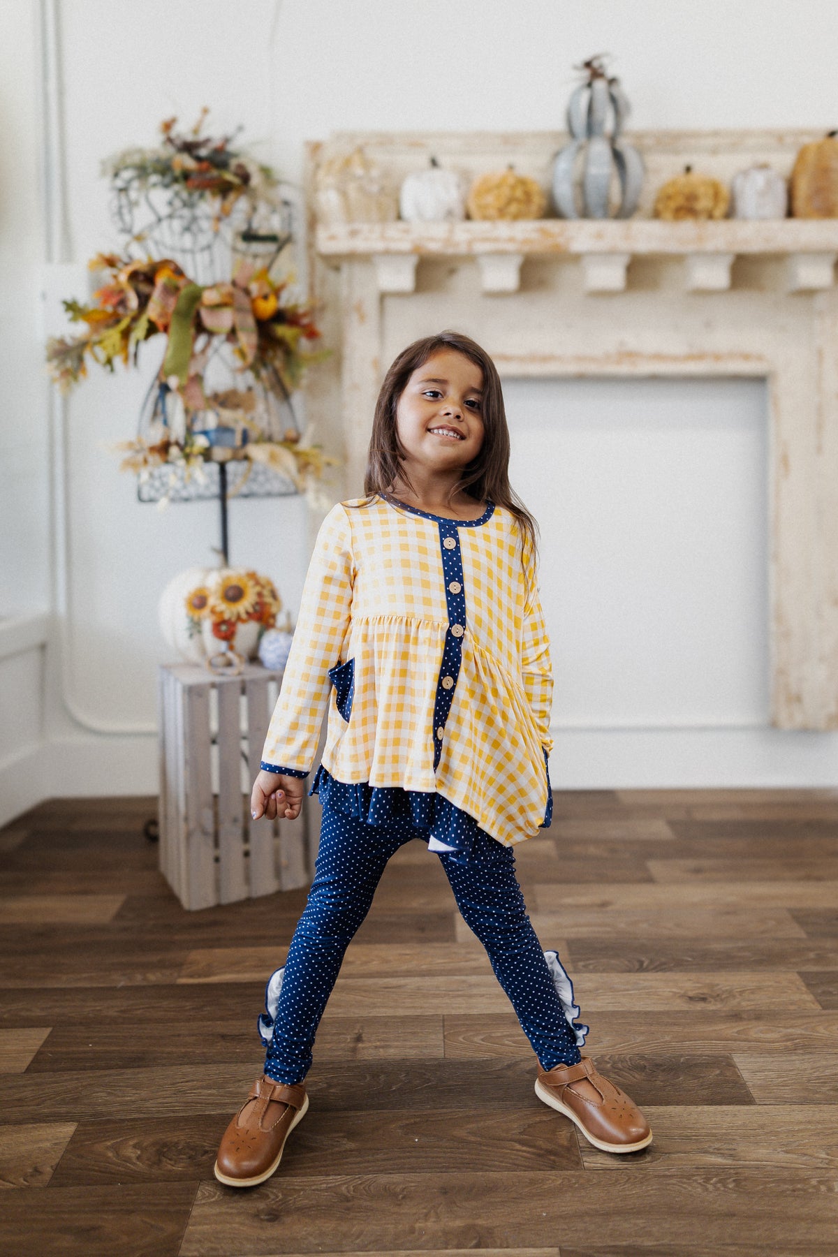 GIRLS YELLOW GINGHAM AND NAVY POLKA DOT SET