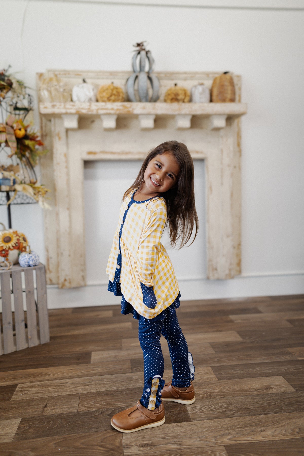 GIRLS YELLOW GINGHAM AND NAVY POLKA DOT SET