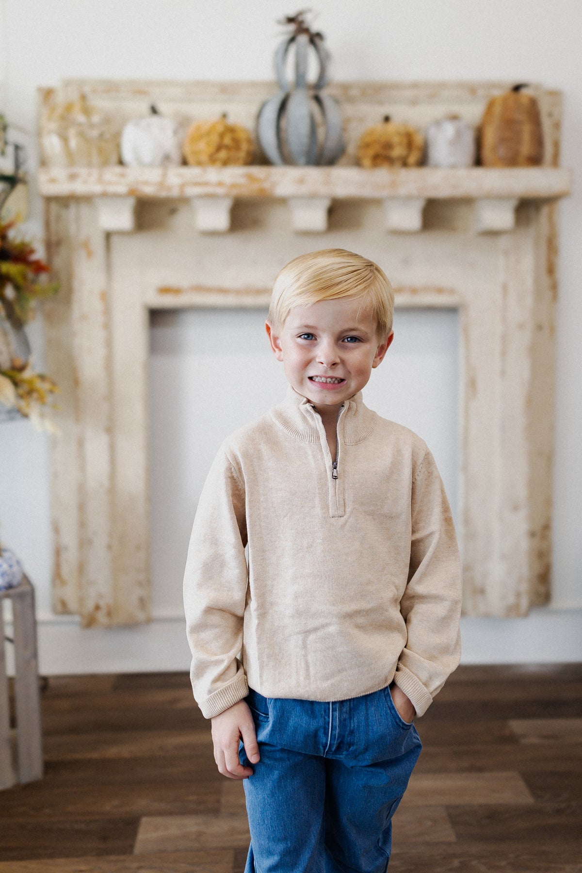 Boys Heather Oatmeal Quarter-Zip Sweater