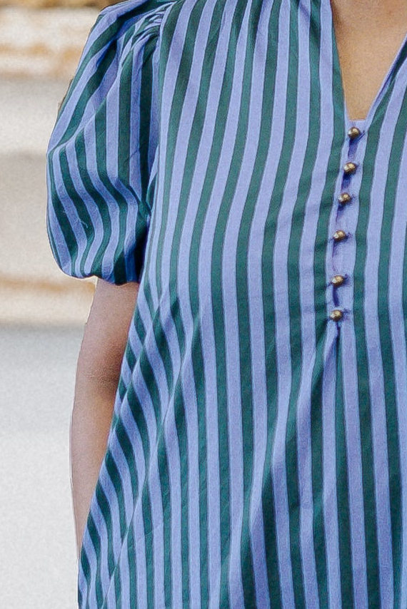 Curvy Blue & Green Stripe Ruffle Hem Dress