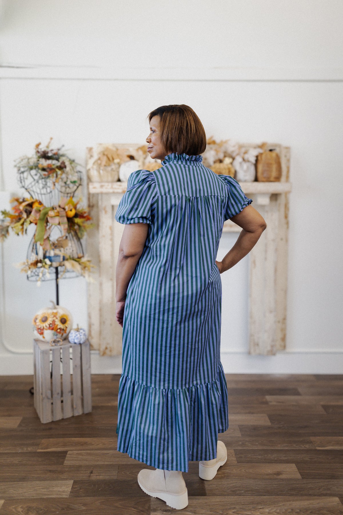 Curvy Blue & Green Stripe Ruffle Hem Dress