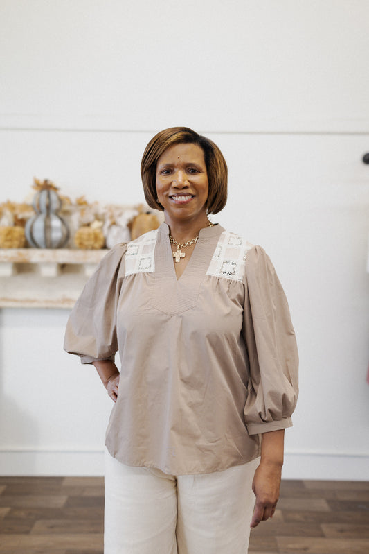 Curvy Mocha Blouse with Crochet Detail