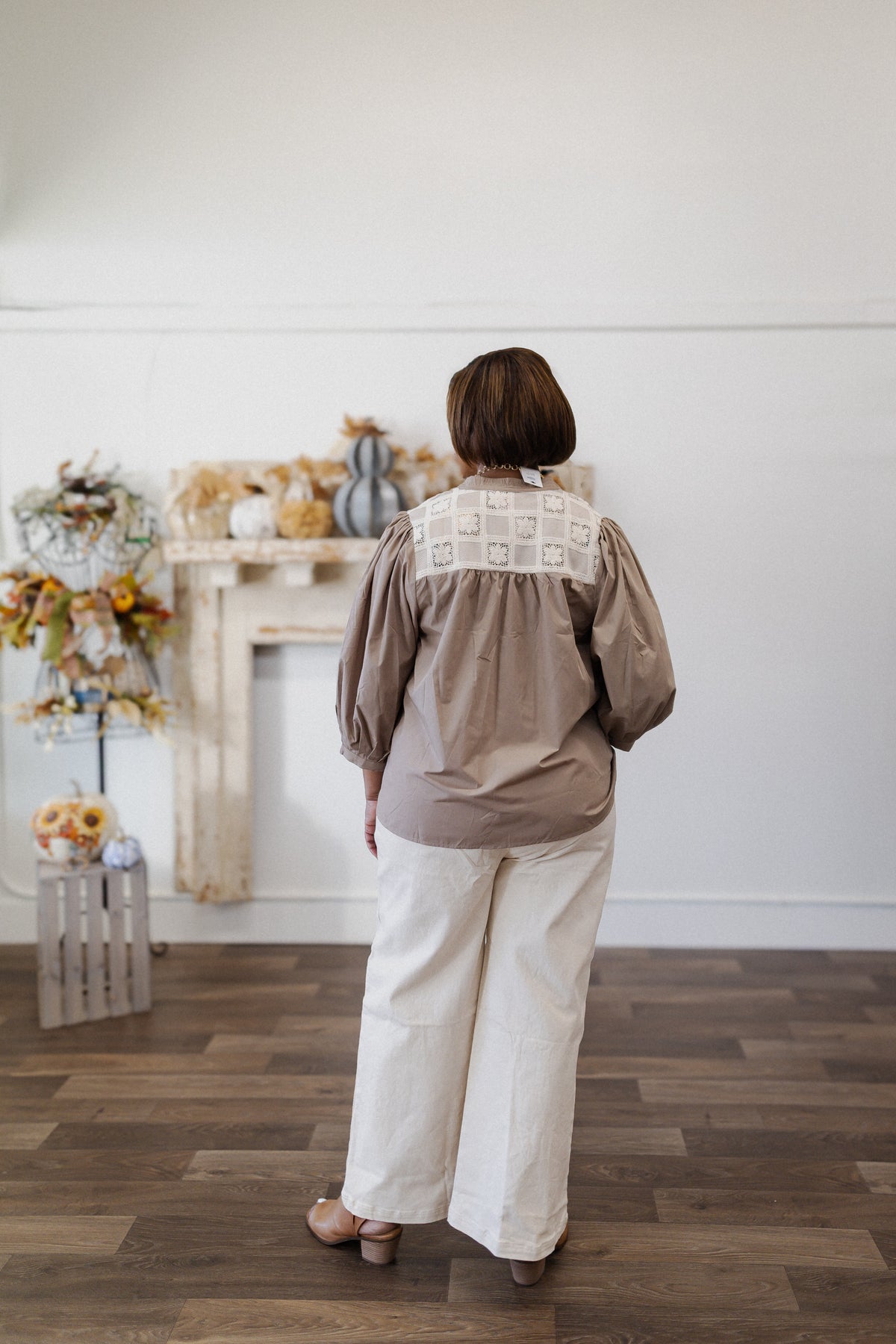Curvy Mocha Blouse with Crochet Detail