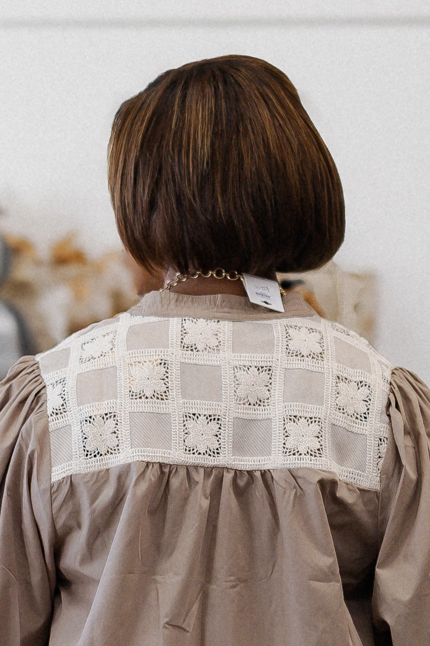 Curvy Mocha Blouse with Crochet Detail